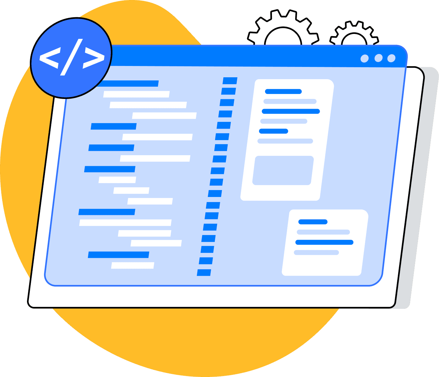 Illustration of code and feature cards inside an editor window