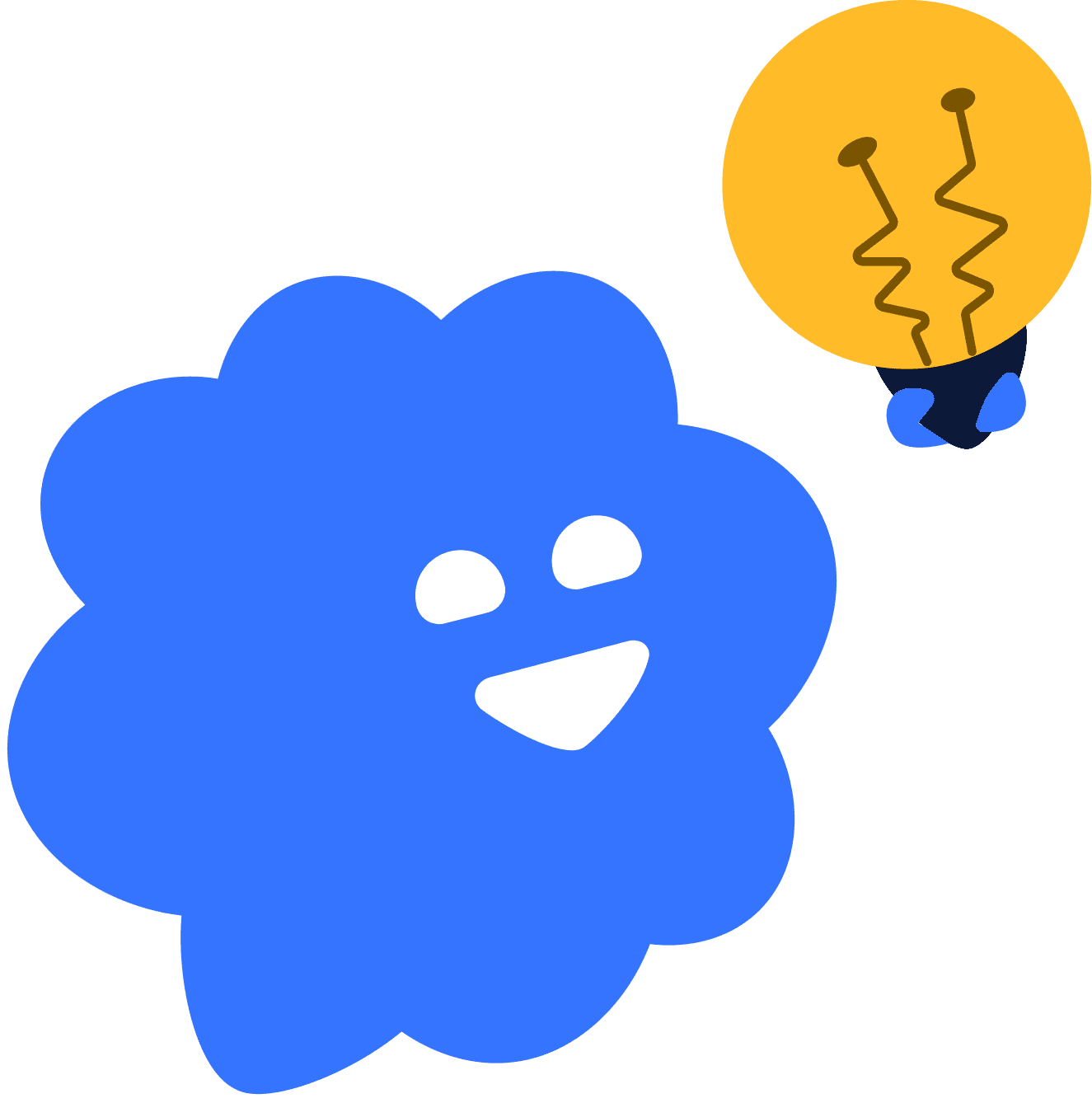Friendly blue mascot with a bright idea